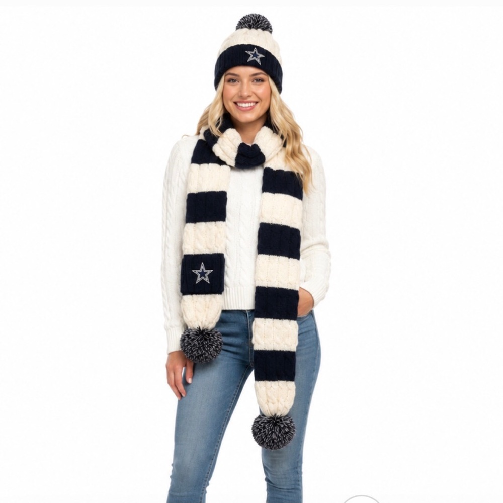 Dallas Cowboys Womens Hat & Scarf Set WEAR by Erin Andrews Cuffed Knit Pom New